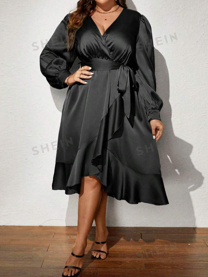 SHEIN Privé Plus Lantern Sleeve Ruffle Trim Wrap Knot Side Satin Dress | SHEIN