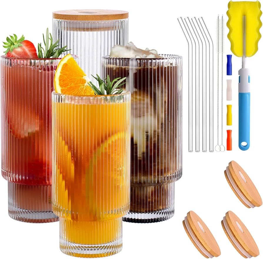BOICHU Ribbed Glassware Set of 4, Ribbed Glass Cups with Lids and Straws - Vintage Ribbed Drinking Glasses with Bamboo Lids, 11 OZ Cute Fluted Glassware for Coffee, Cocktail, Smoothie, etc | Amazon (US)