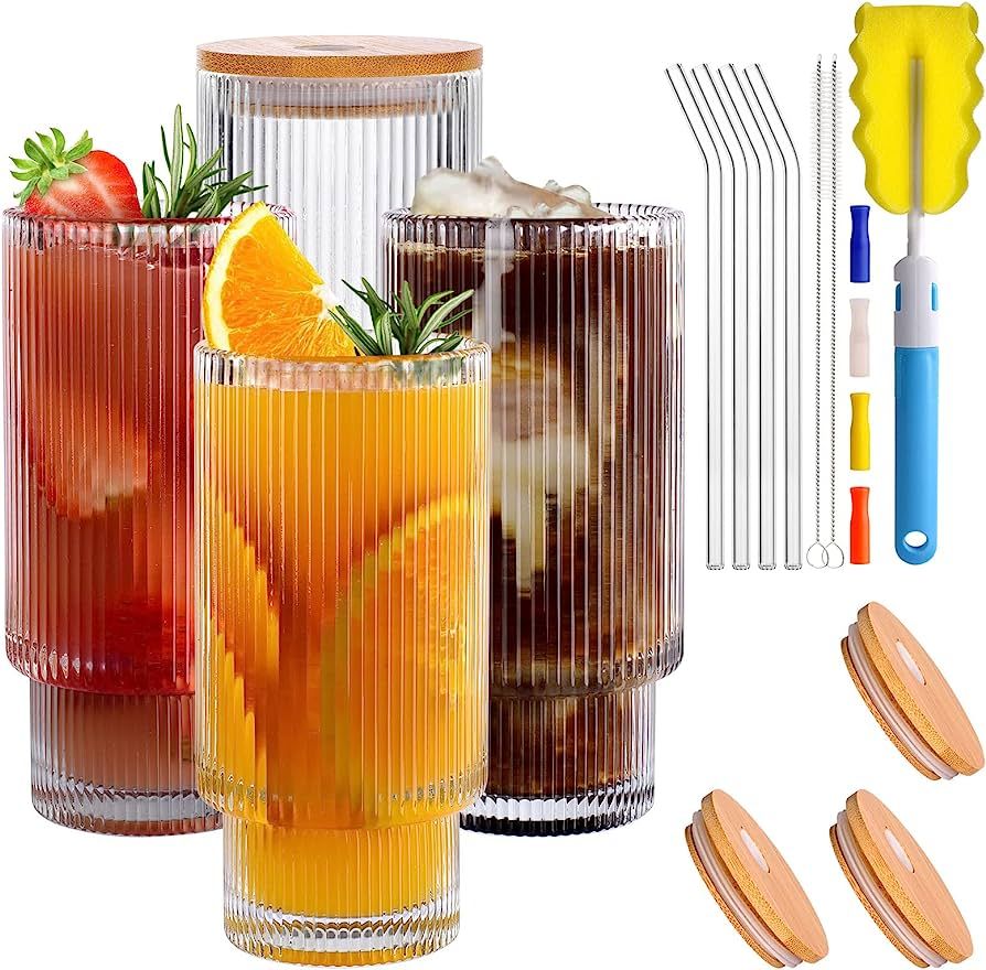 BOICHU Ribbed Glassware Set of 4, Ribbed Glass Cups with Lids and Straws - Vintage Ribbed Drinkin... | Amazon (US)
