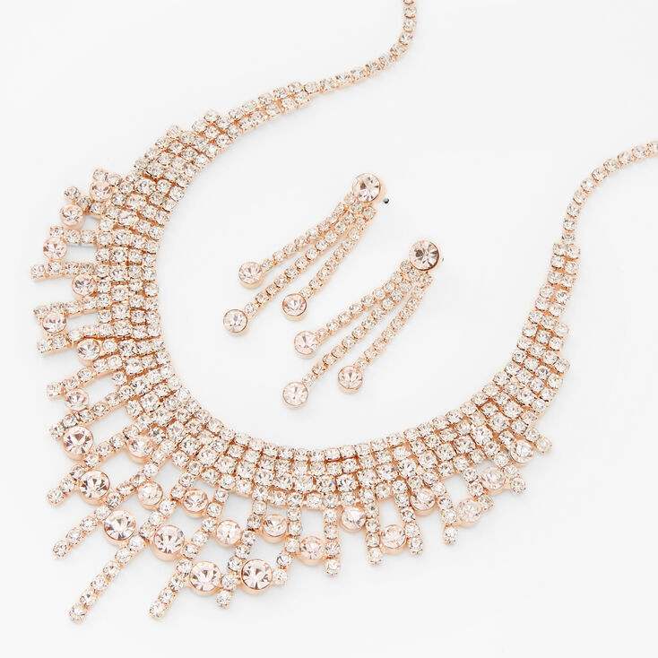 Rose Gold Crystal Waterfall Necklace & 1" Drop Earrings Set - 2 Pack | Claire's (US)