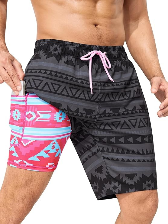 SILKWORLD Mens Swimming Trunks with Compression Liner 2 in 1 Quick-Dry 9" Swim Shorts with Zipper... | Amazon (US)