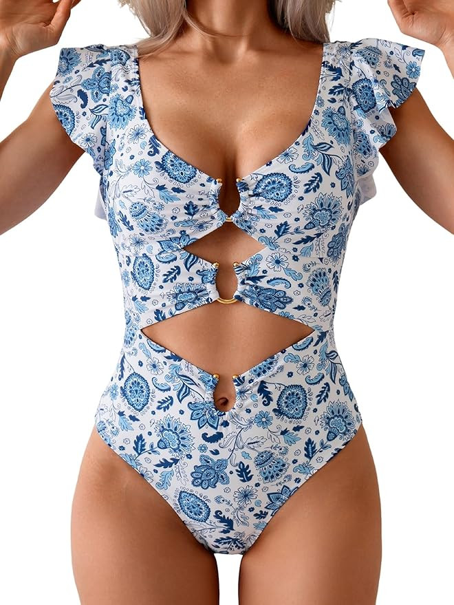 B2prity Women's One Piece Swimsuit Ruffle Sleeve Cut Out Bathing Suit Tie Back High Waisted Swim ... | Amazon (US)