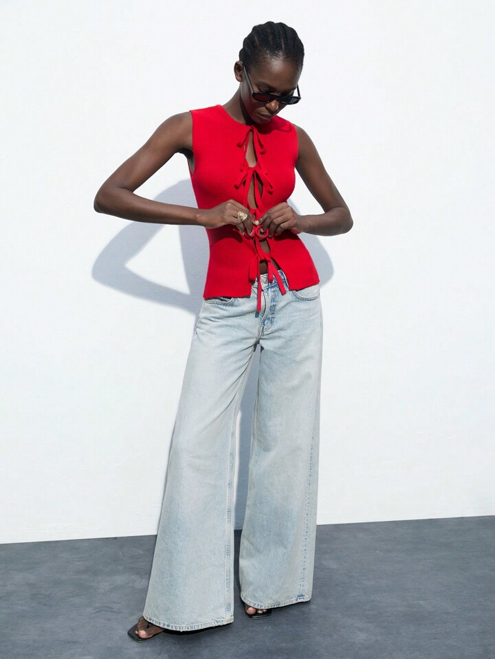Maija Sleeveless Crew Neck Hollow Bowknot Knit Top In Red, Suitable For Valentine's Day, St. Patr... | SHEIN