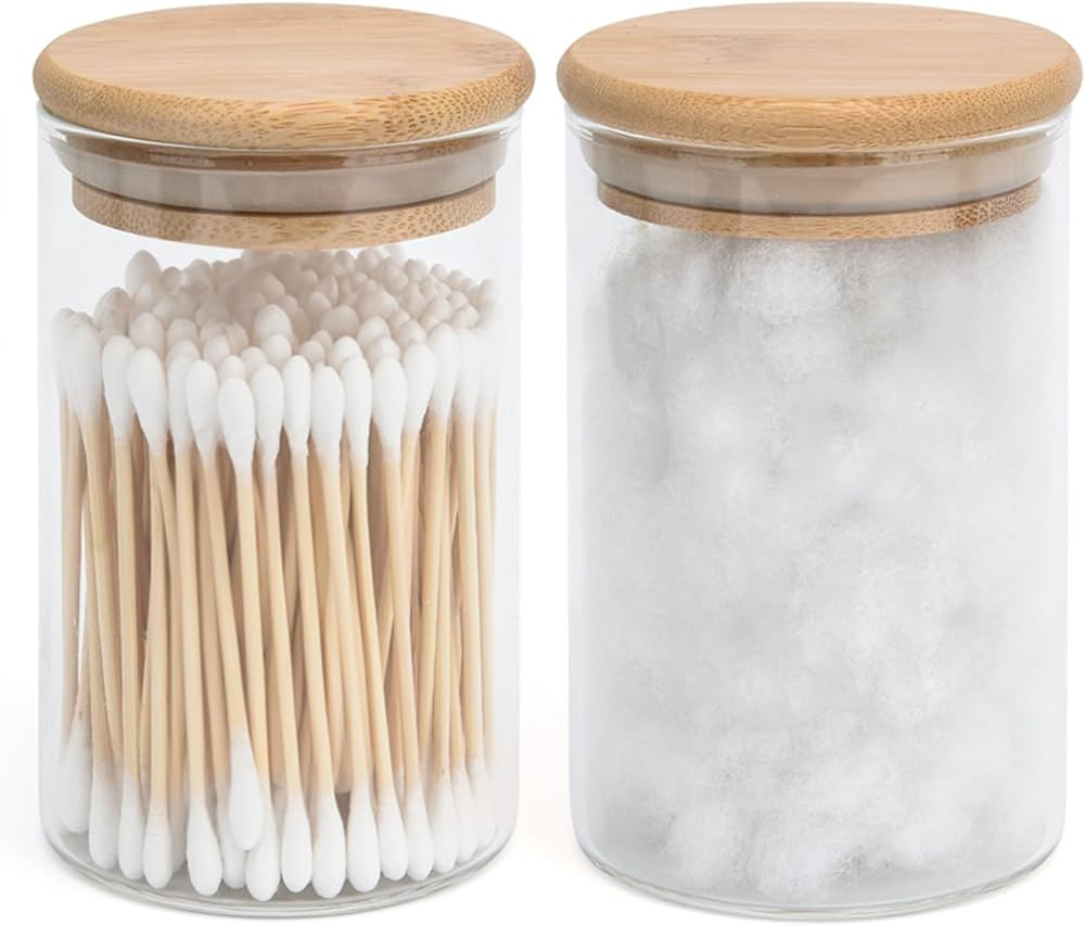 2 Pack Glass Qtip Holder Dispenser Bathroom Jars with Bamboo Lids, Cotton Ball Pad Round Swab Hol... | Amazon (US)