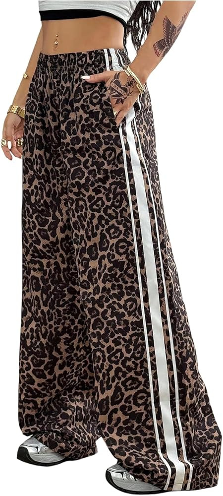 GORGLITTER Women's Baggy Leopard Cheetah Print Pants Wide Leg Y2k Travel Cool Striped Sweatpants ... | Amazon (US)