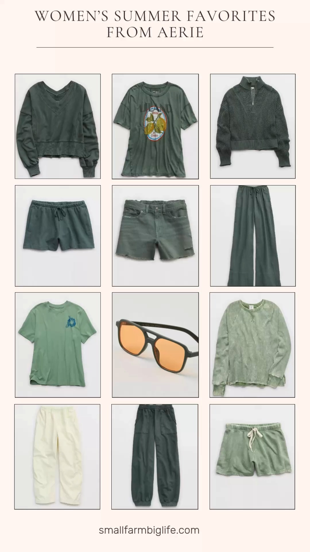 Obsessed with all of these green tones from Aerie right now and I had to share! From cozy terry sets and crochet quarter zips to barrel pants, vacation joggers, denim shorts, and the cutest double bridge sunglasses, these are the effortless and comfortable summer pieces that make getting dressed so fun this season. All the beautiful shades of green that are everywhere right now and so easy to mix and match together. Linking everything below! 

 #LTKxAerie #LTKootd #LTKOver40