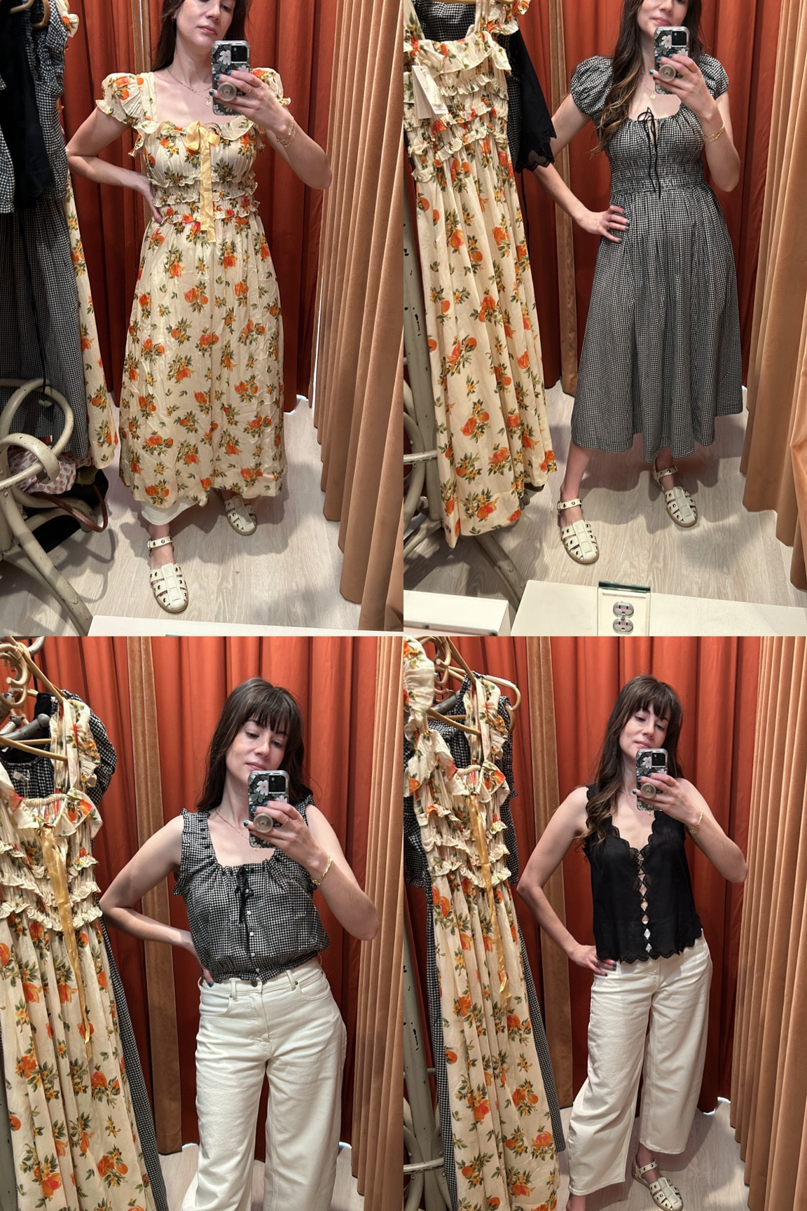 Doen try-on in store! Lots of cute gingham tops and dresses. The floral clementine dress is my favorite! #springdresses 