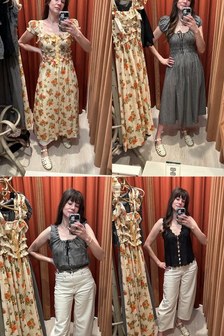 Doen try-on in store! Lots of cute gingham tops and dresses. The floral clementine dress is my favorite! #springdresses 