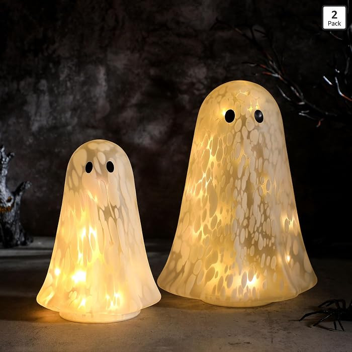 2 Pcs Halloween Confetti Ghost Glass Table Light Set, Cute Glass Ghost Light up for Home Hallowee... | Amazon (US)