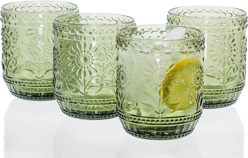 Vintage Botanist Drinking Glass Set, Luxurious Floral Embossed Decorative Green Glassware, Set of 4, 4-inch, 12 oz | Amazon (US)