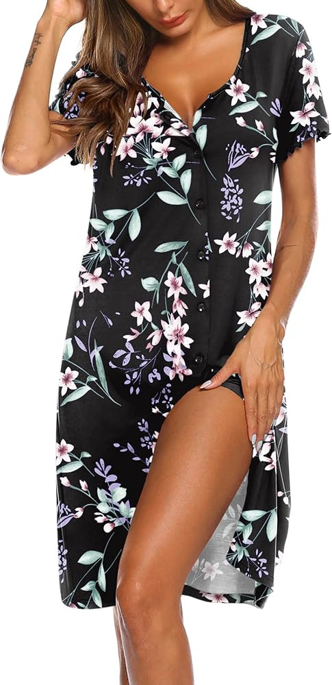 Ekouaer Women's Nightshirt Short Sleeve Button Down Nightgown V-Neck Sleepwear Pajama Dress | Amazon (US)