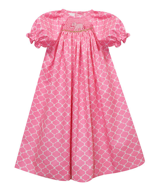 Silly Goose Girls' Casual Dresses - Pink Quatrefoil Elephant Smocked Bishop Dress - Toddler | Zulily