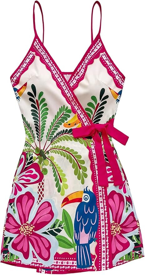 SOLY HUX Women's Tropical Print Mini Dress Summer Wrap V Neck Bow Tie Vacation Dresses HotPink Fl... | Amazon (US)