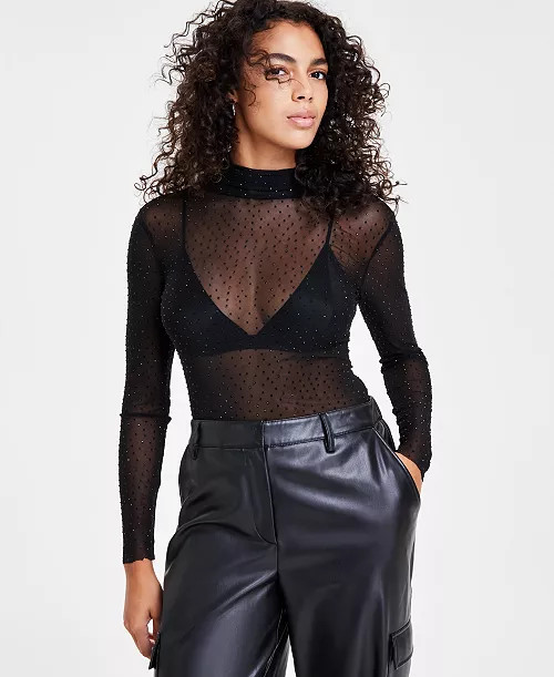 Women's Sheer Mock-Neck Rhinestone Top, Created for Macy's | Macy's