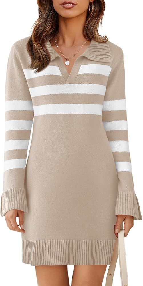 Saodimallsu Womens Striped Sweater Dress V Neck Collared Long Sleeve Slim Fit Ribbed Knit Trendy ... | Amazon (US)