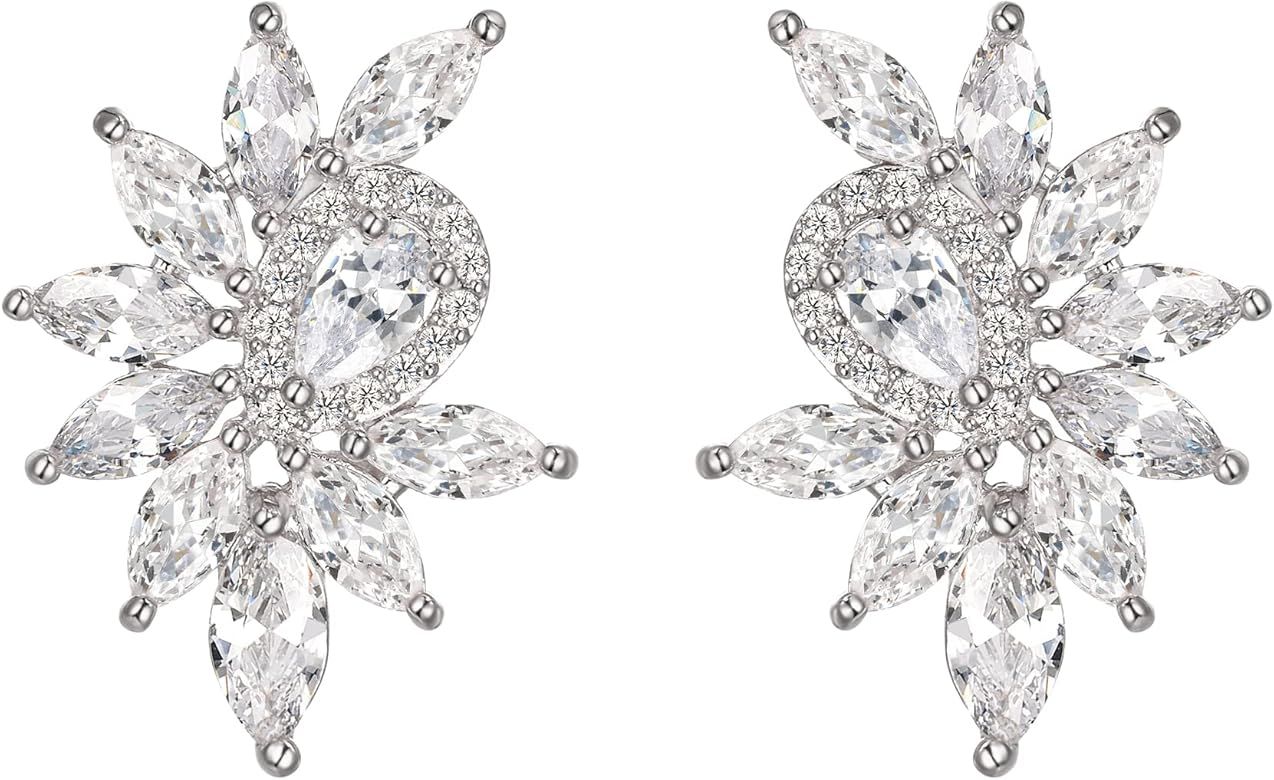 Crysdue Wedding Earrings for Bride Bridesmaid, Cubic Zirconia Marquise Cluster Stud Earrings for Wed | Amazon (US)