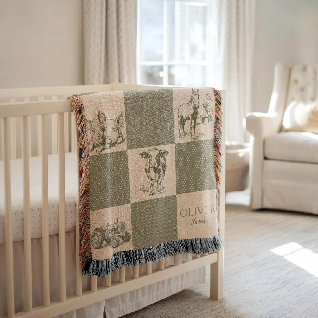 Personalized Farm Animal Baby Woven Blanket, Vintage Barnyard Nursery, Farm Baby Shower Gift, Han... | Etsy (US)