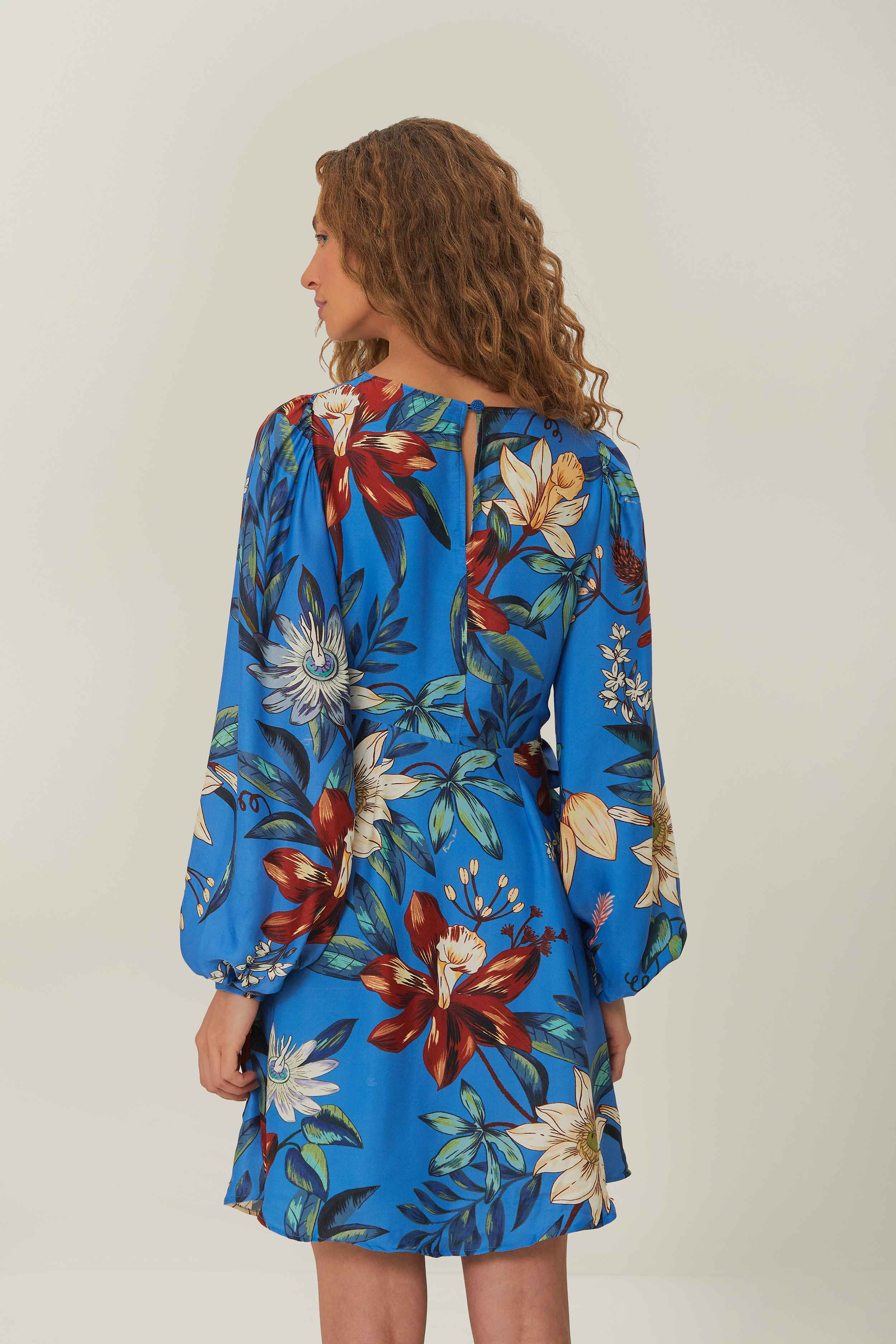 Blue Surreal Flowers Wrap LENZING\u2122 ECOVERO\u2122 Mini Dress | FarmRio (US)