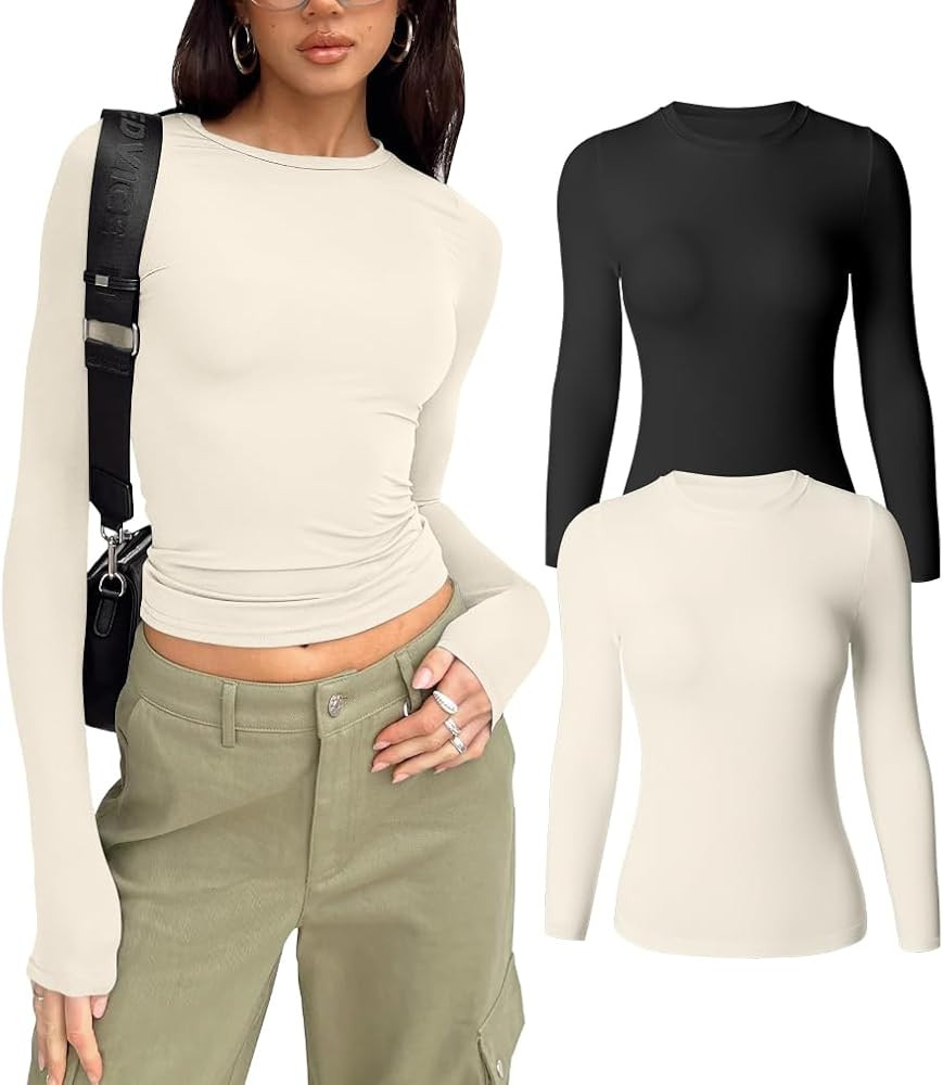 HYZ Women's Casual Long Sleeve Crew Neck Slim Fit Going Out Seamless Two Piece Tops Tshirt | Amazon (US)