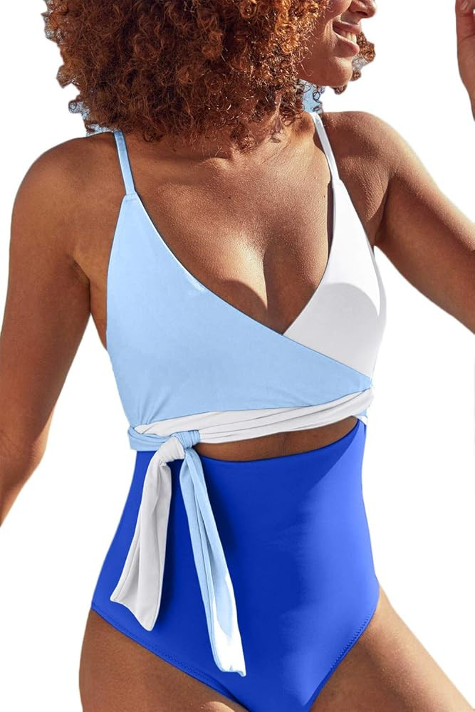 Women's Sexy Deep V Neck Wrapped One Piece Swimsuit Belted High Waist Swimwear | Amazon (US)