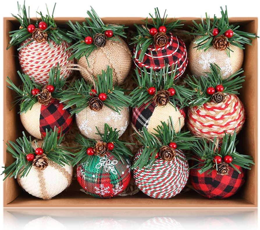 Rustic Christmas Ornaments for Tree Decorations - Farmhouse Burlap Xmas Balls Ornaments for Holid... | Amazon (US)