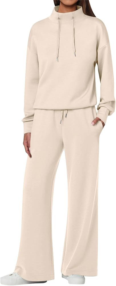 ANRABESS Womens 2 Piece Outfits Sweatsuit Set 2024 Fall Drawstring Sweatshirt Wide Leg Sweatpant ... | Amazon (US)