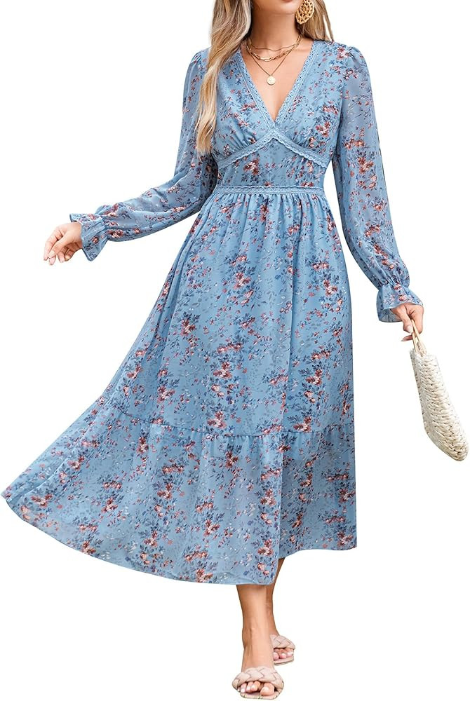 Women's Spring Wrap Maxi Dress Floral V Neck Long Sleeve Wedding Guest Party Casual Chiffon Dress | Amazon (US)