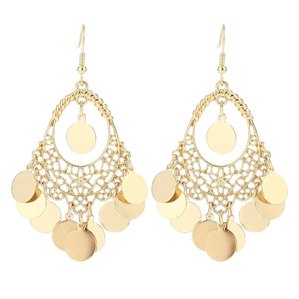 Bohemian Chandelier Dangle Earrings with Disc Charms Drop Lightweight Filigree for Women | Amazon (US)