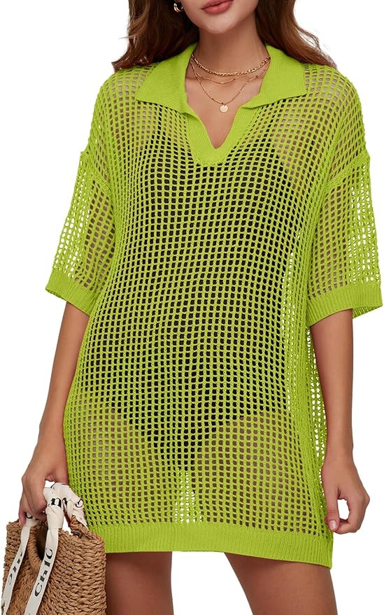 DEEP SELF Women's Swimsuit Cover Up Crochet Bathing Suit Swimwear Short Sleeve V Neck Hollow Out ... | Amazon (US)