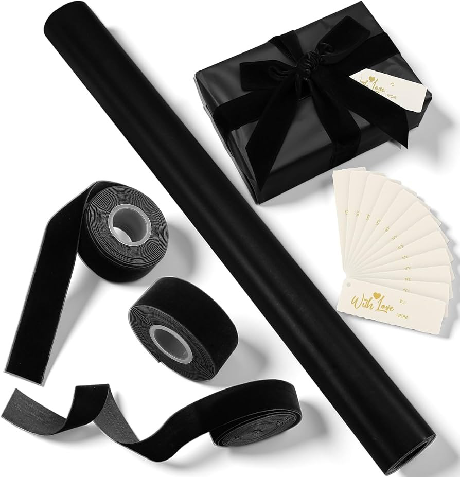 Ctosree Black Christmas Wrapping Paper Set with 32.81 ft Wrapping Kraft Paper 45 ft Velvet Ribbon... | Amazon (US)