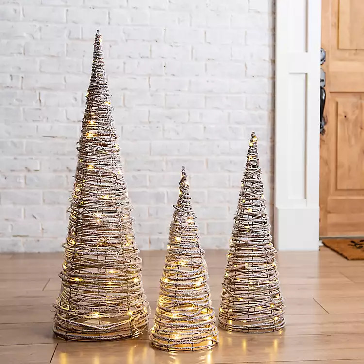 New!Pre-Lit Flocked Rattan Christmas Trees, Set of 3 | Kirkland's Home