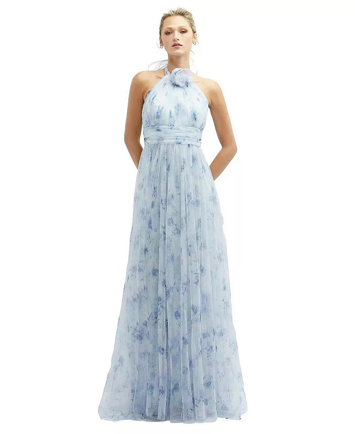 Dessy Collection Floral Tie-Back Halter Tulle Dress with Long Full Skirt & Rosette Detail - Macy'... | Macy's
