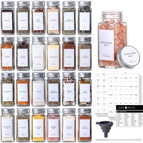 Laramaid 4oz 24Pack Spice Jars with 372 Minimalist White Vinyl Spice Labels, Shaker Lids Dispenser w | Amazon (US)