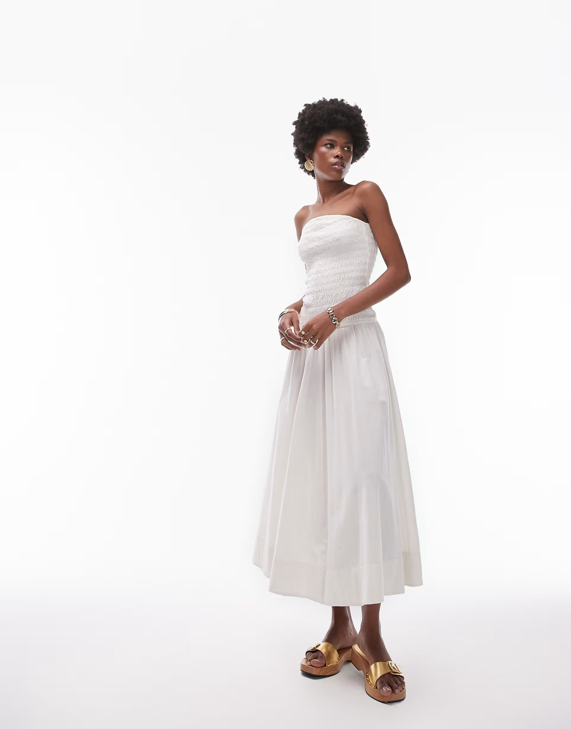 Topshop shirring bandeau midi dress in ivory | ASOS (Global)