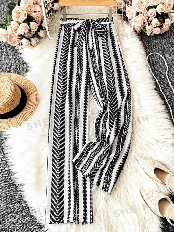 SHEIN LUNE Striped Printed Tie Waist Casual Vacation Straight Pants | SHEIN