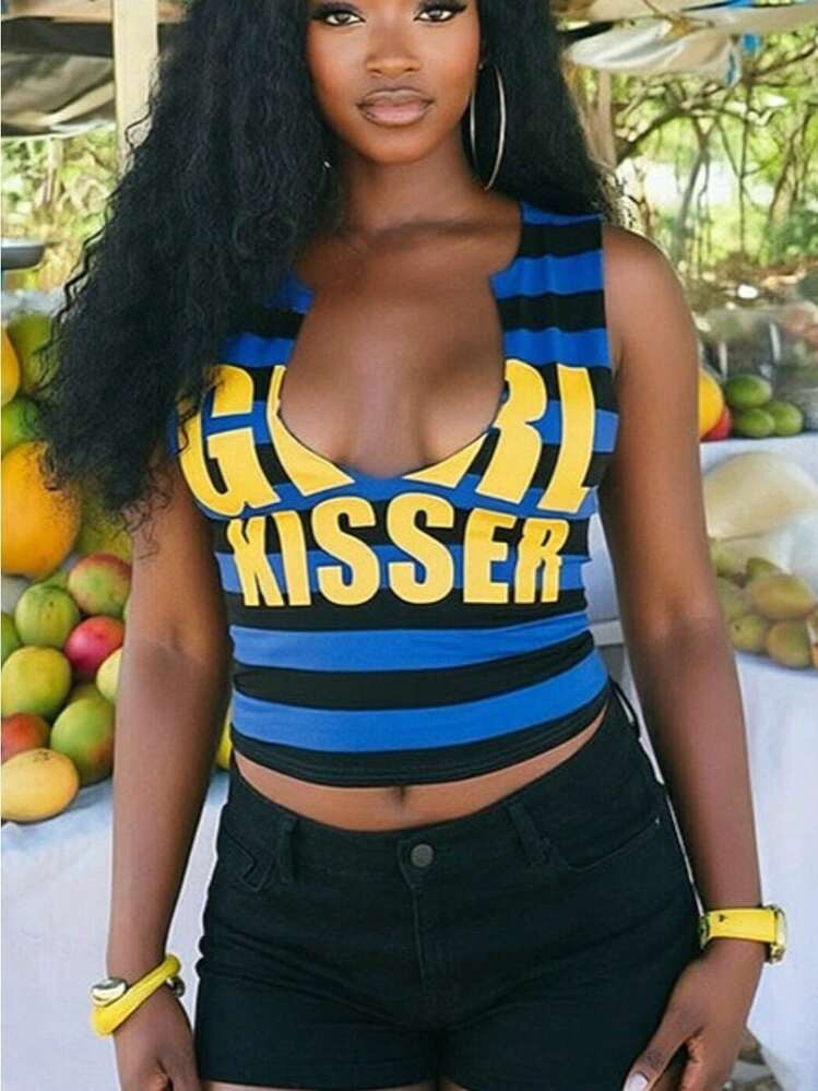 Casual, Versatile, Edgy-Chic Striped Letter-Print Sleeveless Sexy Fitted Top | SHEIN