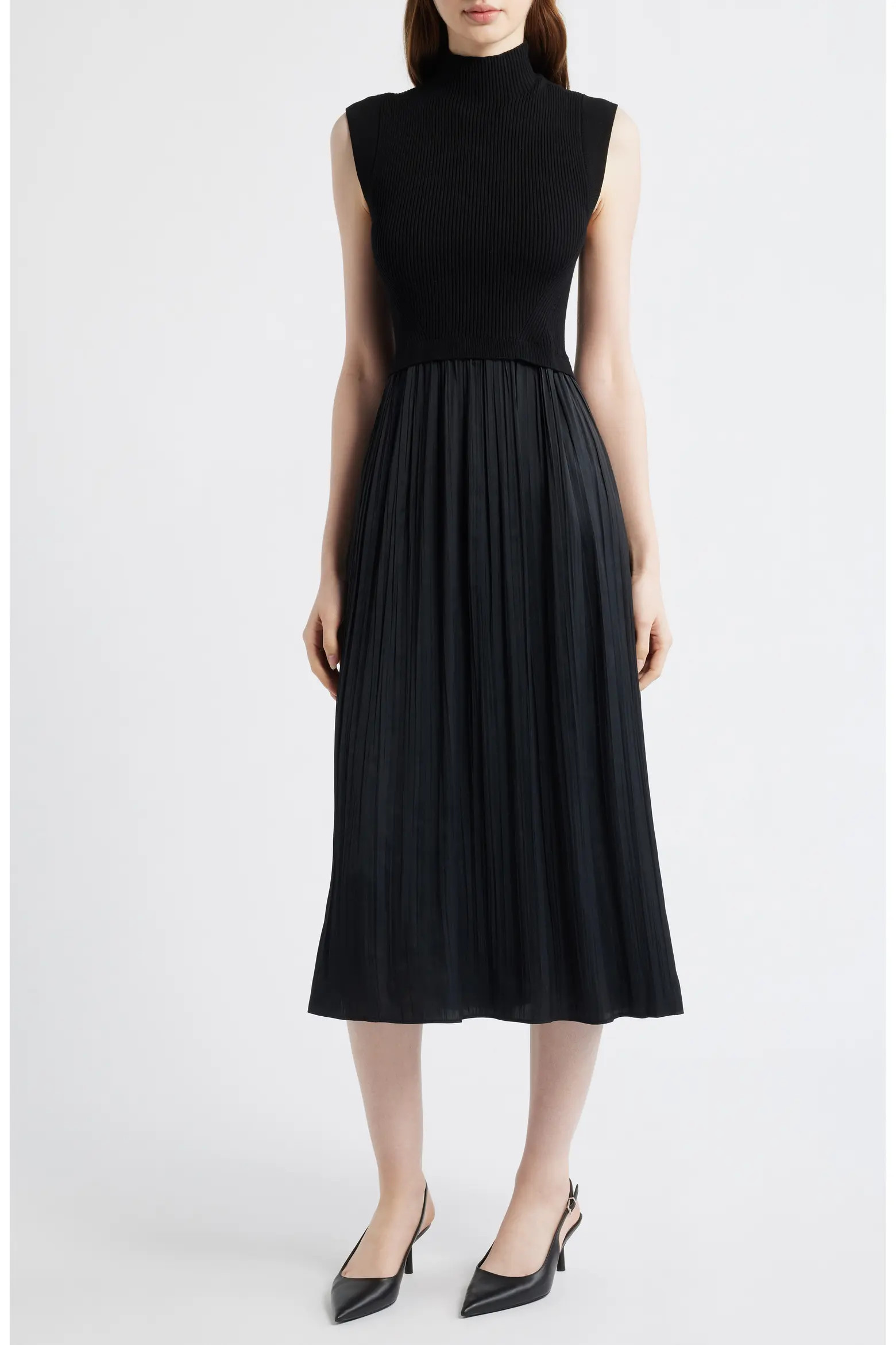 Mixed Media Rib Funnel Neck Midi Dress (Women) | Nordstrom | Nordstrom