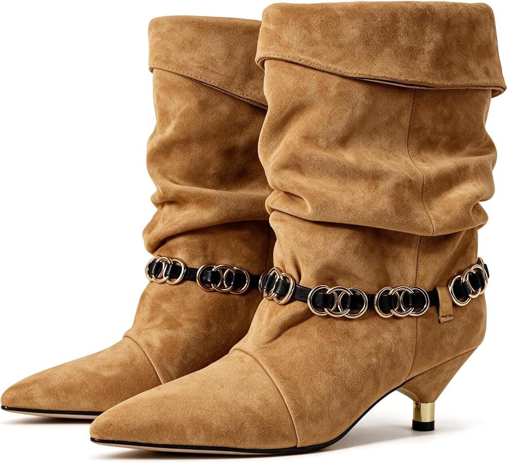 Women's Wide Calf Slouchy Pointed Toe Kitten Heel Short Booties | Amazon (US)
