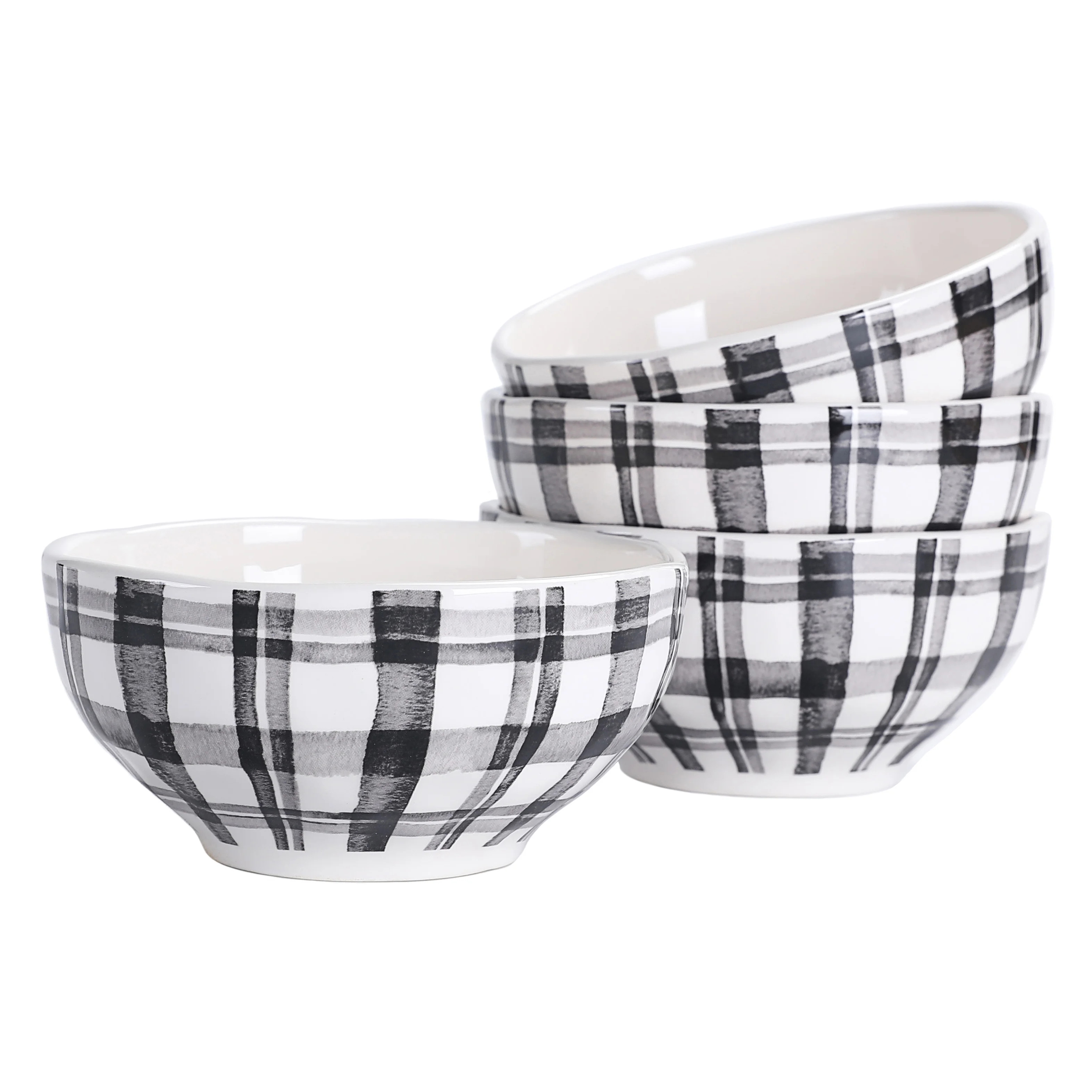 Bico Black and White Plaid Ceramic Cereal Bowls, Set of 4, for Pasta, Salad, Cereal, Soup & Micro... | Walmart (US)