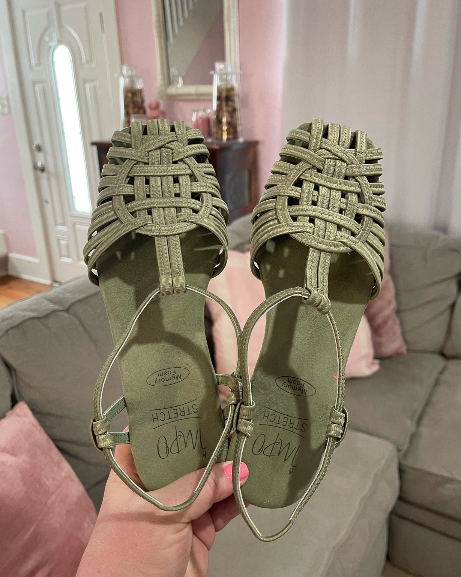 IMPO RIVKA WEDGE SANDAL from DSW:

The straps are elasticized for a stretchy, flexible, and supportive fit. The sole is cushioned for comfortable wear. These come in 4 colorways including this sage green, black, white, and cognac. Priced at $54.99. 


#LTKshoecrush #LTKcurves #LTKunder100