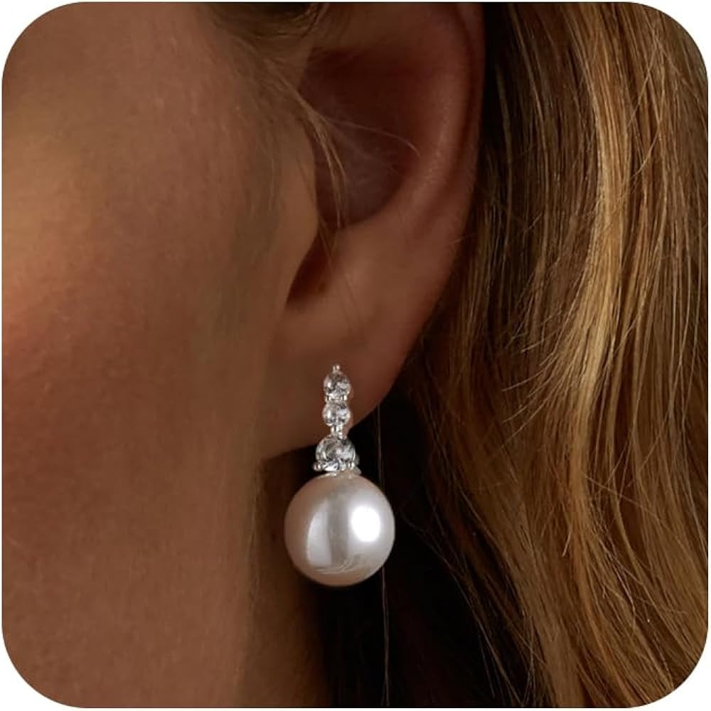 Pearl Earrings for Women Delicate Women's Gold Earrings 14K Gold/Silver Plated Cubic Zirconia Dan... | Amazon (US)