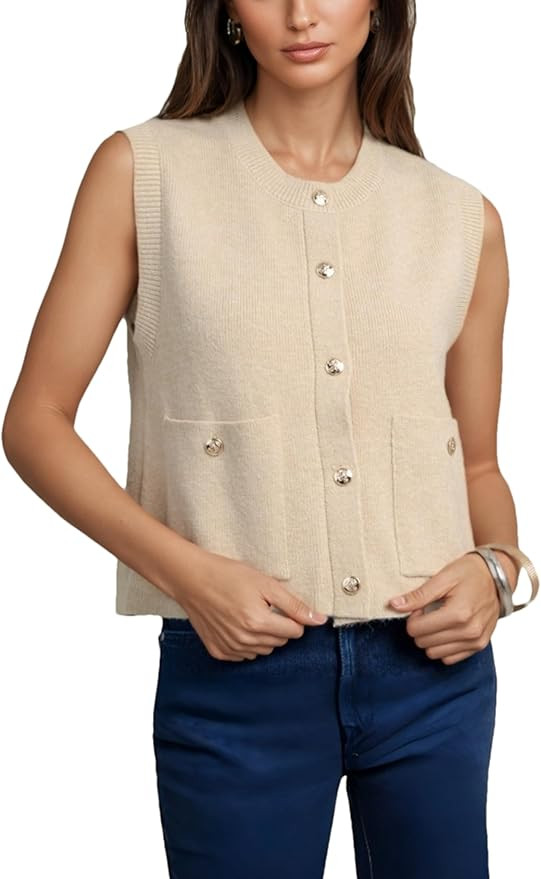Wanzetaly Women's Sleeveless Sweater Vest Crewneck Button Down Cardigan Vests Knitted Tank Tops w... | Amazon (US)