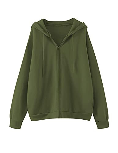 MISSACTIVER Women’s Vintage Solid Drawstring Hoodies Zip Up Oversized E-girl 90s Sweatshirt Basic Jacket With Pockets Army Green | Amazon (US)