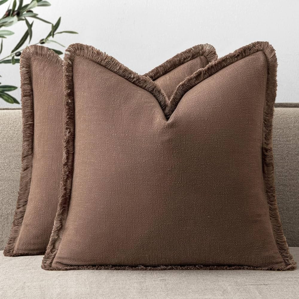 ANRODUO Set of 2 Decorative Throw Pillow Covers 18×18 Inch Soft Linen Fringe Boho Farmhouse Vint... | Amazon (US)