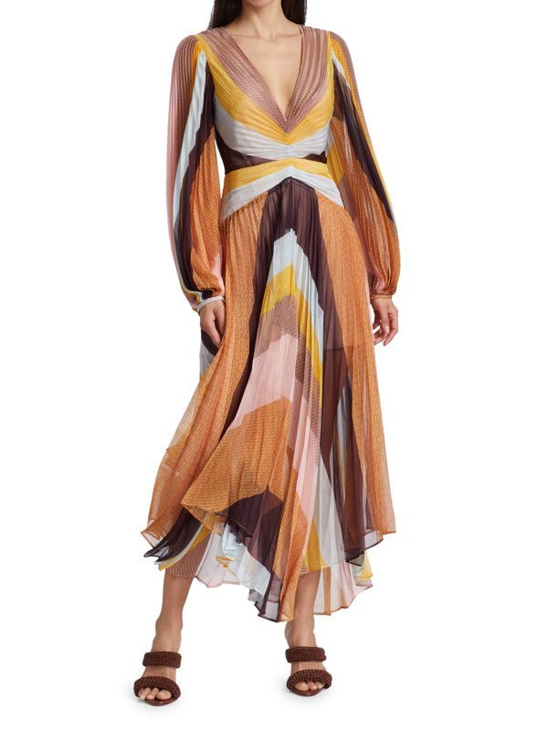 Astone Striped Long-Sleeve Pleated Midi Dress | Saks Fifth Avenue OFF 5TH