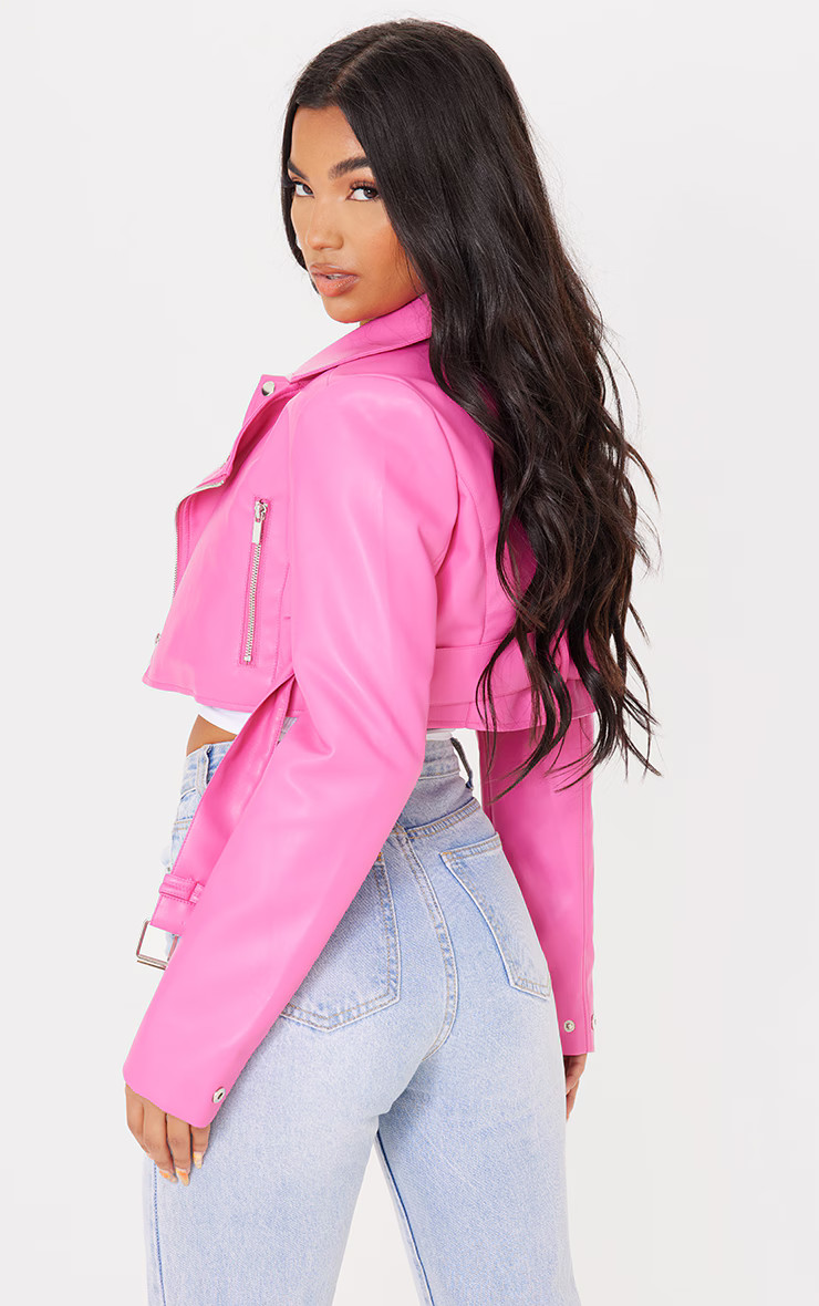 Pink Pu Super Cropped Belted Biker Jacket | PrettyLittleThing US
