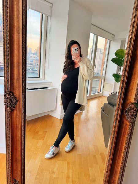 Bumpsuit jumpsuit. Ivory Cardigan, size xs. Golden Goose sneakers (i always go up one full size). Maternity casual outfit! Target finds.

#LTKstyletip #LTKbump