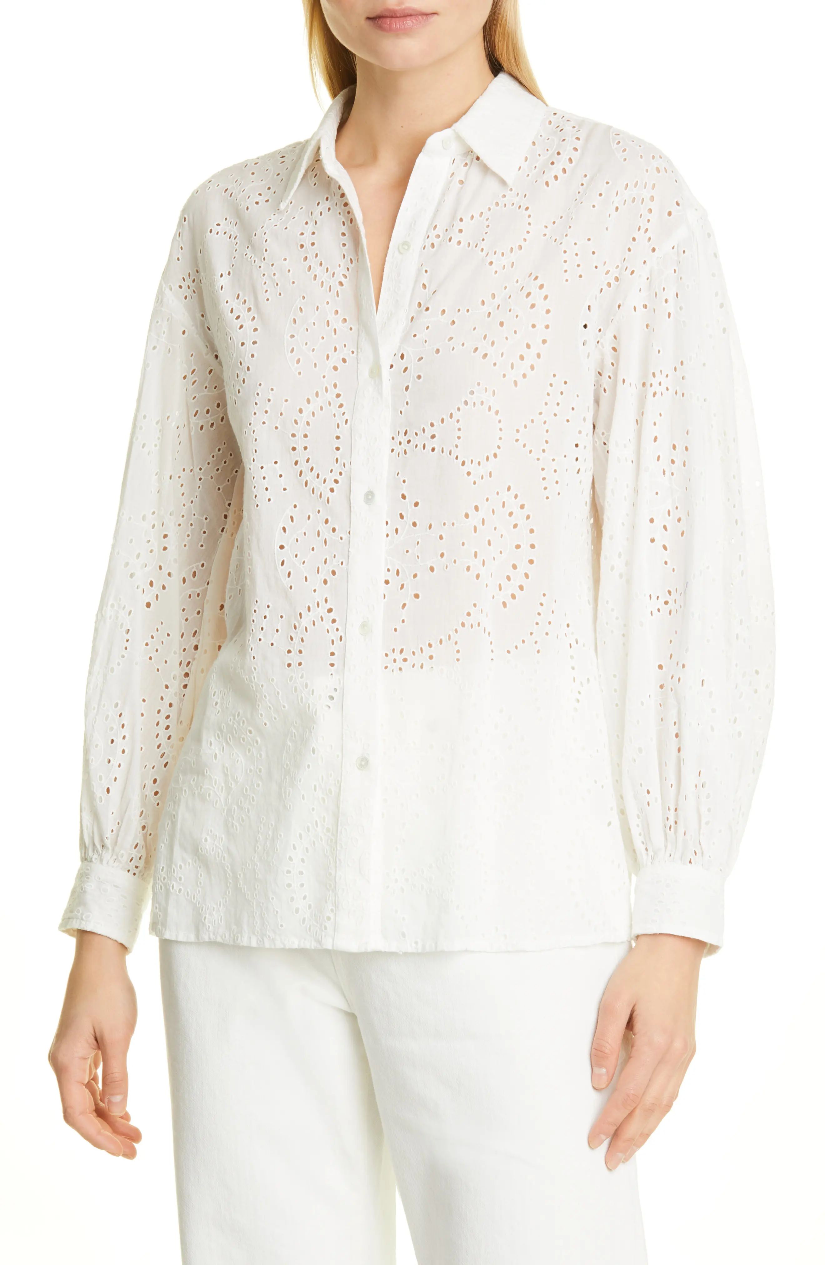 Nili Lotan Andree Cotton Eyelet Button-Up Shirt in Ivory at Nordstrom, Size Small | Nordstrom
