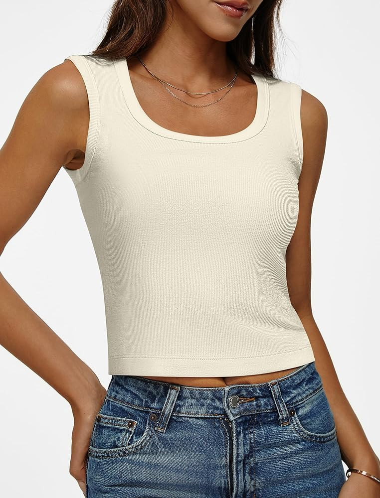 Ribbed Tank Tops for Women Scoop Neck Wide Strap Sleeveless Crop Top Tanks Womens Basic Fitted Ca... | Amazon (US)