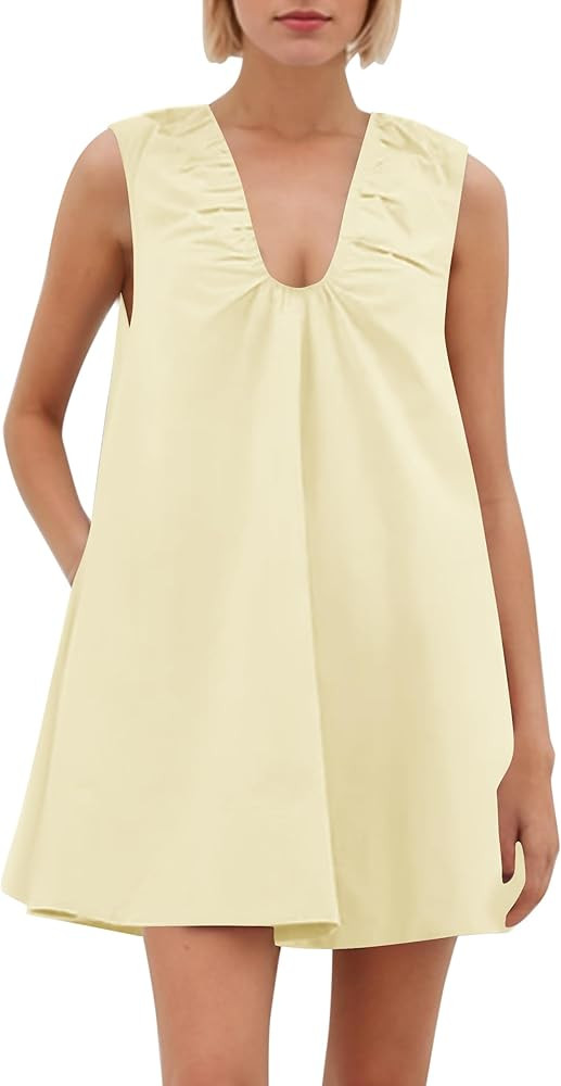 Women Summer Sleeveless Babydoll Mini Dress Scoop Neck Loose Fit Tank Dresses Party Ruched Short Dress witn Pockets | Amazon (US)